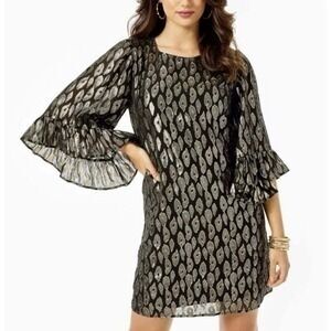 Lilly Pulitzer Francis Dress Black and Gold Patterned Long Sleeve SZ S NWOT